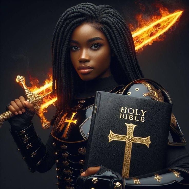 a woman in armor holding a bible with flames behind her