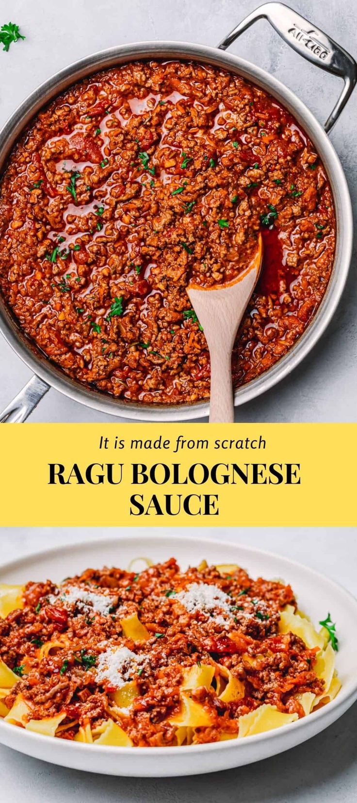 the recipe for ragu bolognzoe sauce is shown in two separate pans