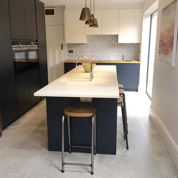 a kitchen with an island and stools in it