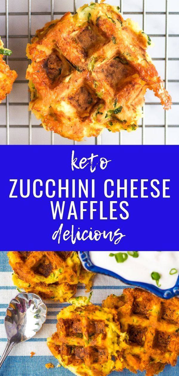 two waffles with cheese on top and the words keto zucchini cheese waffles delicious