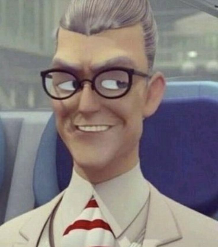 an animated man wearing glasses and a suit with a tie on his neck, smiling at the camera