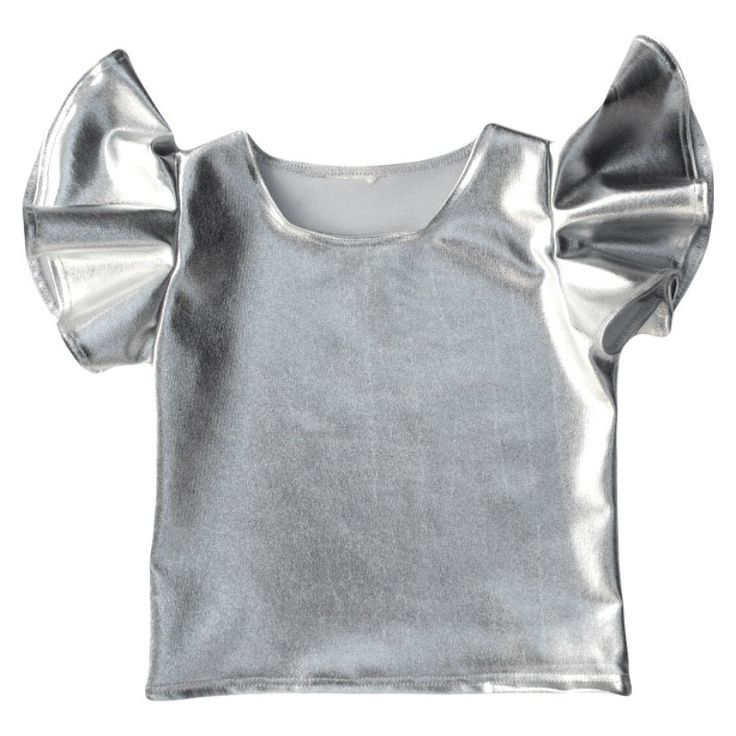 Beautiful top with groovy sleeves shinny. this item is a perfect statement piece.  80% polyester, 20% spandex  Machine wash Made in the USA Bell Gardens, Dream Kids, Silver Top, Silver Tops, Black Bow, Cute Shirts, Kids Shirts, Metallic Silver, Foil