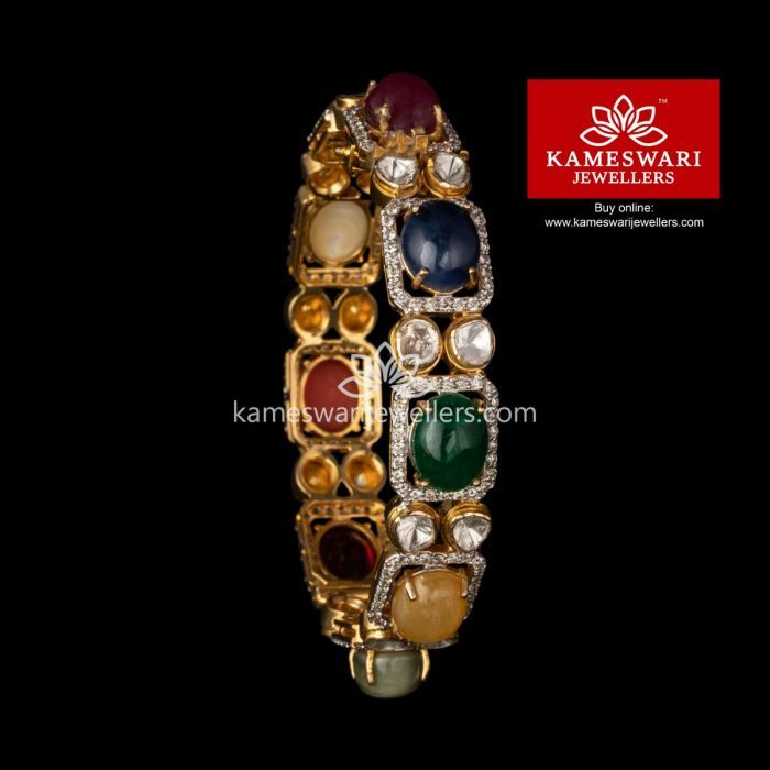 Bangles Decoration, Navratan Bangles, Navratan Jewellery, Navaratna Jewellery, Polki Bangles, Kameswari Jewellers, Delicate Silver Necklace, Bangle Design, Antique Gold Jewelry Indian