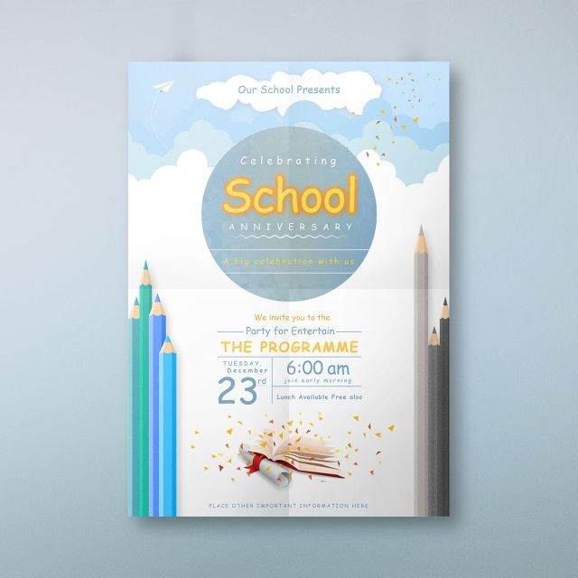 a flyer for a school anniversary celebration with pencils and books on the front cover