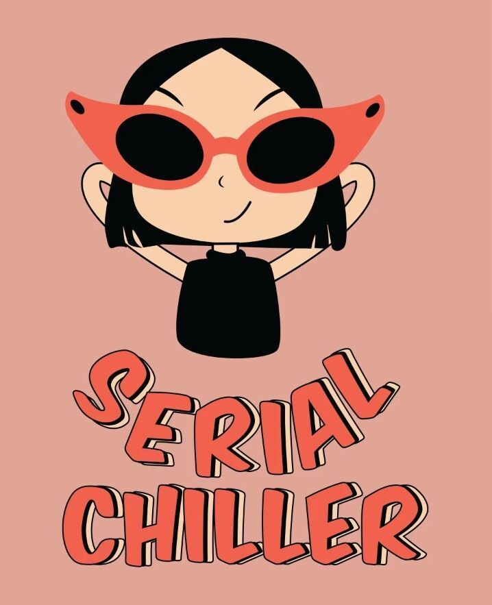 a girl with red glasses and the words serial chiller on it's face