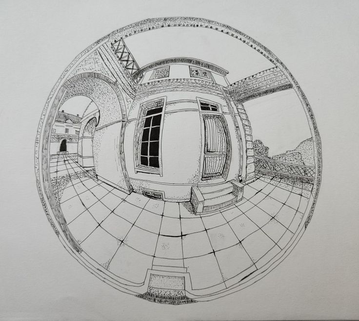 this is a drawing of a house in the middle of a circular mirror with stairs going up to it