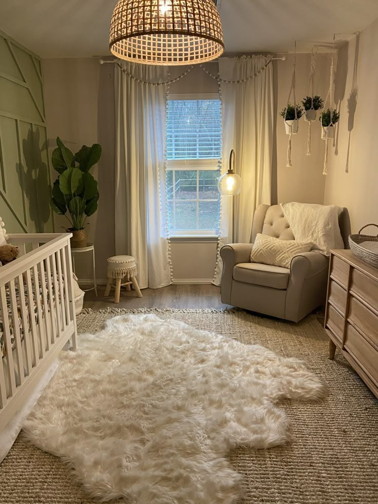 a baby's room with a crib, rocking chair and large rug on the floor