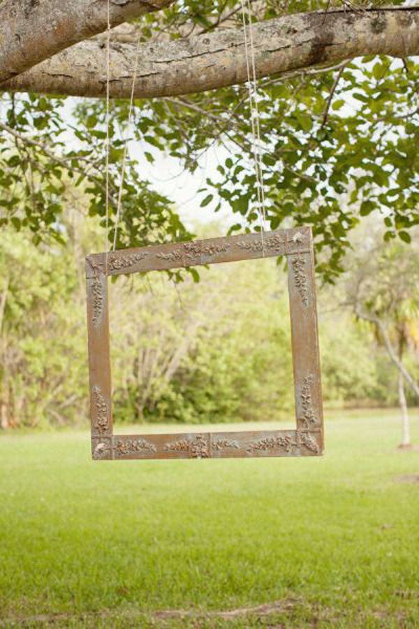 an old photo frame hanging from a tree in the park with green grass and trees behind it