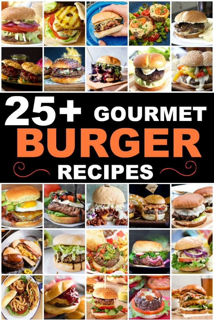 the cover of 25 + gourmet burger recipes is shown in black and orange