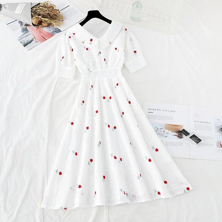 Pattern: Broken Flowers Size: S M L XL Color: white Doll Collar Dress, Fairy Skirt, White Linen Shirt, Doll Collar, Cotton Linen Dresses, Linen Blouse, Sweet Dress, Loose Dress, Plaid Dress