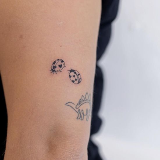 a ladybug tattoo on the right arm and left arm with two ladybugs