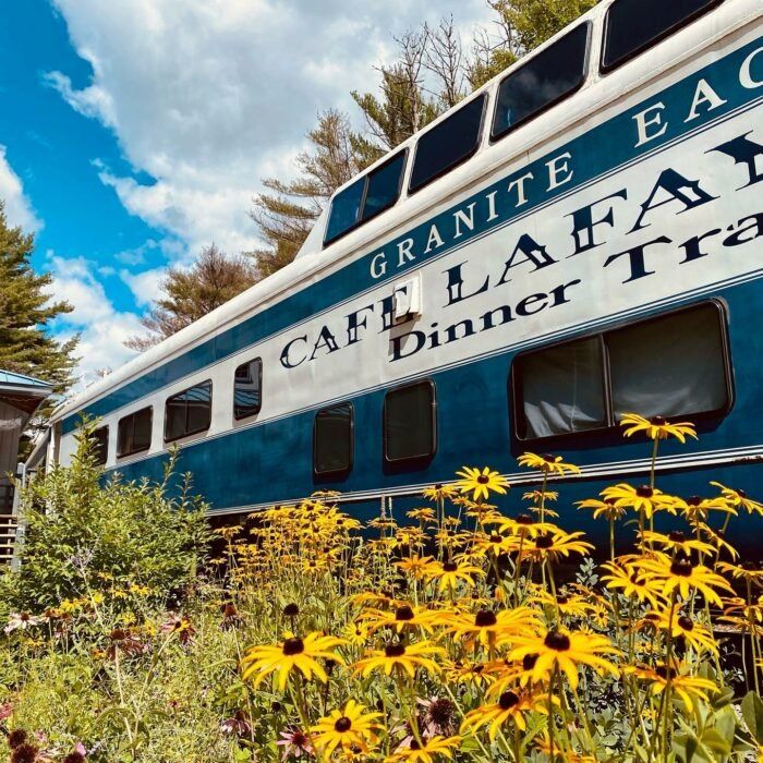 a blue and white train parked next to some yellow flowers