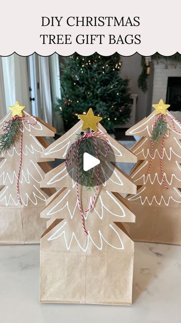 three paper bags with christmas trees on them and the words diy christmas tree gift bags