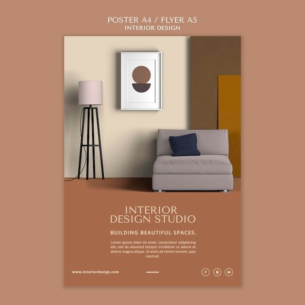 the interior design studio flyer is displayed in front of a couch and lamp on a table