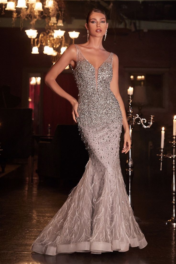 Cinderella Divine B718 beaded feathered mermaid gown Royal Prom, Sleeveless Mermaid Dress, Crystal Gown, Spooky Wedding, Haute Couture Dress, Western Gown, Evening Dresses Wedding, Silver Outfits, Man Dress