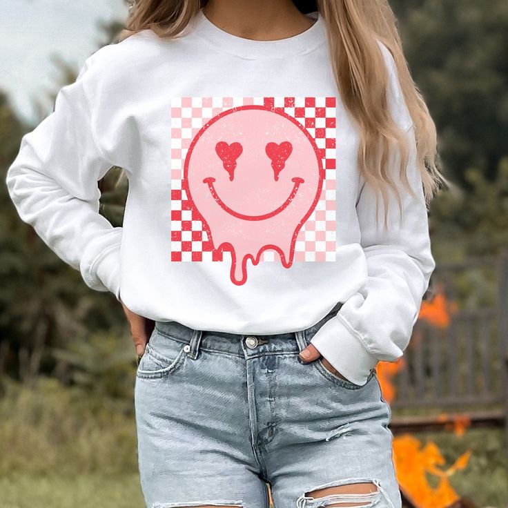 Retro Smiley Face sweatshirt, Distressed Vintage Look Smiley face, Crewneck sweatshirt, Retro smile, smile graphic sweater, valentines, melted smiley face, good vibes, positivity, Be Happy, Brahman Darlin Thank you for shopping my small business. Please message me if you have questions. This is a physical shirt that is made when you order it and shipped out to you. I do not sell my designs, they are made with love, by me to support my family's cattle ranch. If you love the design and would like White Grunge Crew Neck Sweatshirt, Trendy Long Sleeve Sweatshirt With Funny Print, Casual Long Sleeve Sweatshirt With Funny Print, Fun Cotton Tops For Leisure, Fun Relaxed Fit Tops For Leisure, Spring Grunge Crew Neck Sweatshirt, Casual Sweatshirt With Heart Graphic For Loungewear, Casual White Sweatshirt With Funny Print, Oversized Playful Crew Neck Sweatshirt