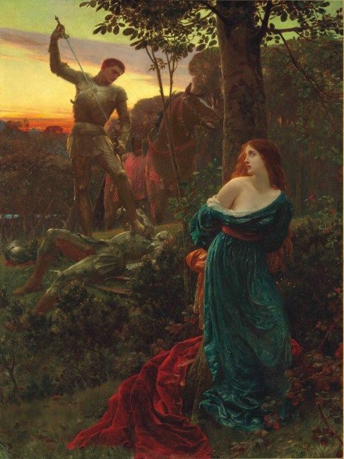 a painting of a man and woman in the woods by a tree with two horses