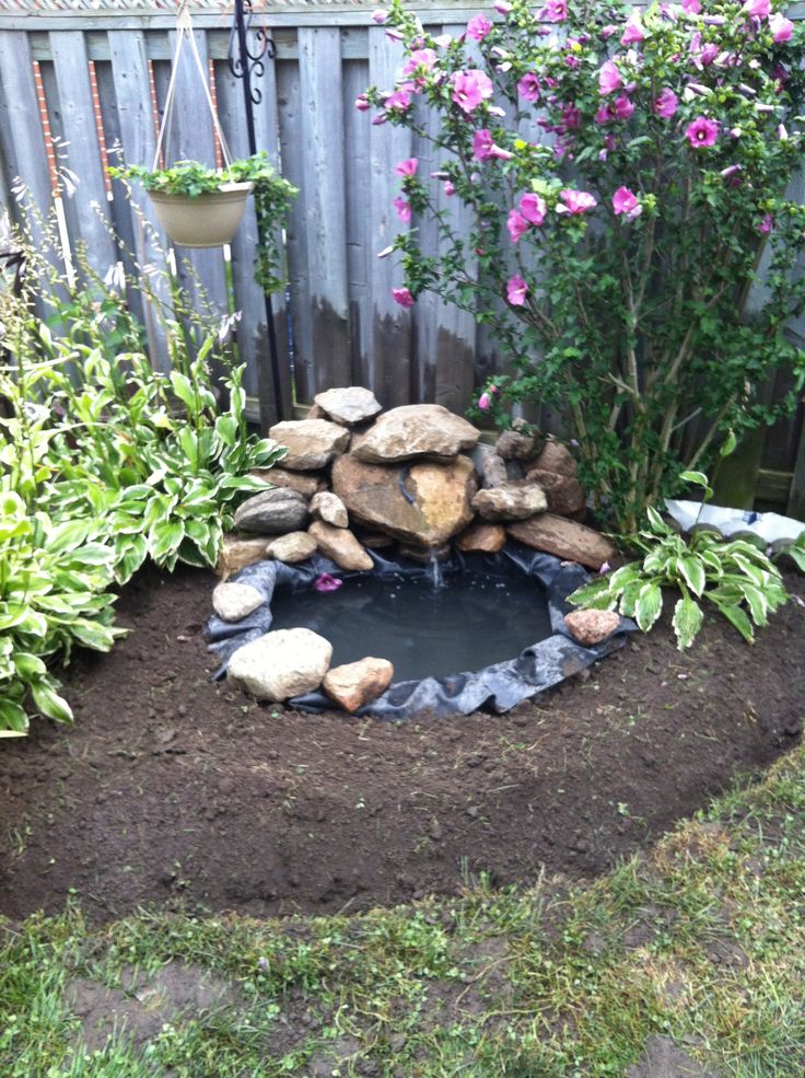 a small pond in the middle of a garden with rocks and plants around it, surrounded by flowers