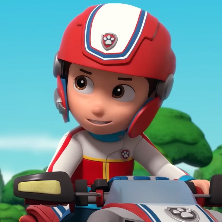 a cartoon character on a toy car with trees in the background