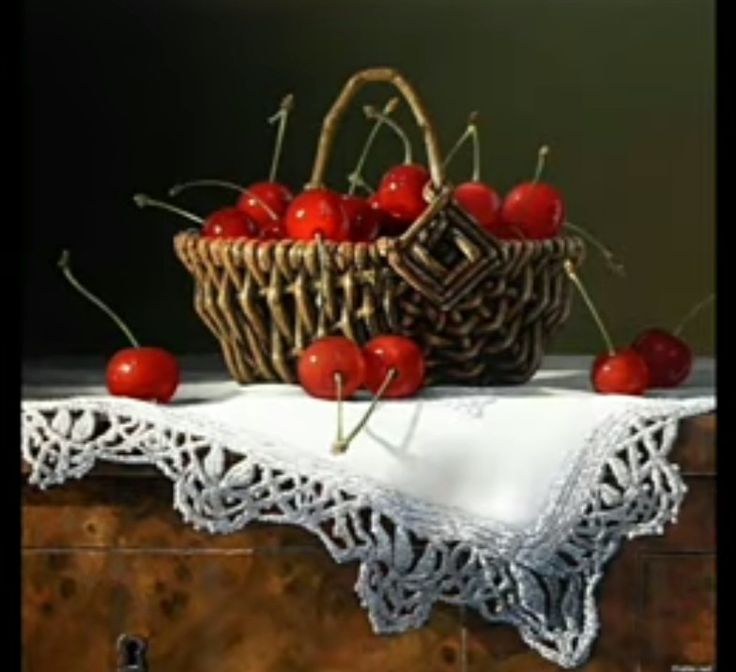 a painting of cherries in a basket on a table