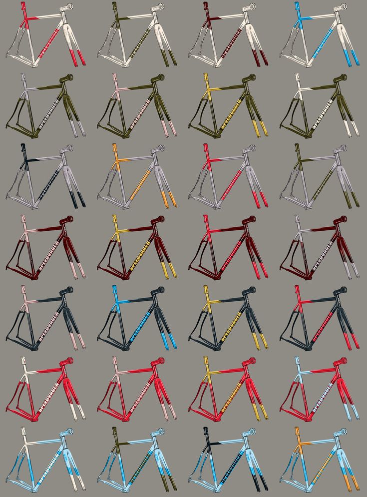 a group of different colored bicycles on a gray background with red, blue, and yellow frames