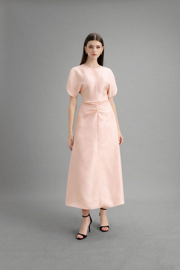 Sola A-line Round Neck Modal Midi Dress | MEAN BLVD Chic A-line Tea Length Dress With Pleated Bodice, Spring A-line Midi Dress With Fitted Bodice, Elegant A-line Dresses With Pleated Waist, Spring Formal A-line Midi Dress, Ruched A-line Midi Dress For Cocktail, Feminine A-line Dress With Pleated Bodice, Chic A-line Midi Dress With Flattering Cut, Elegant A-line Midi Dress For Spring, Elegant A-line Spring Dresses