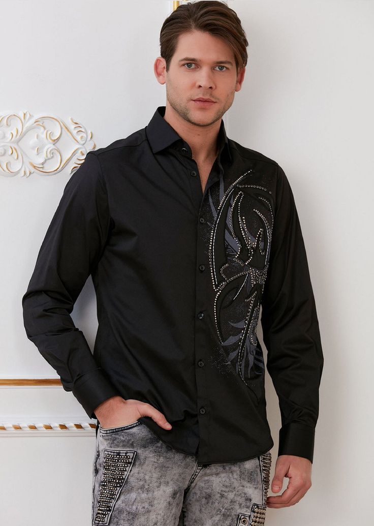 Black laser cut wings rhinestone & embroidery style brings an opulent look to a stretch-cotton shirt that's elegant on its own or layered under other pieces This black Mondo shirt adds elegance and mystery that is emblematic of Mondo's freedom, empowerment and individualism From boardroom meetings to happy hours this stretch-infused shirt makes polished style effortless. A new and versatile wardrobe staple, great for under the blazer for dinner, party and special occasion night Sharp tailoring s Elegant Fitted Embroidered Shirt, Elegant Cotton Top For Night Out, Formal Fitted Rhinestone Tops, Formal Fitted Tops With Rhinestones, Formal Black Embellished Tops, Formal Fitted Embellished Shirt, Elegant Embellished Fitted Shirt, Elegant Slim Fit Shirt For Night Out, Elegant Embellished Cotton Tops