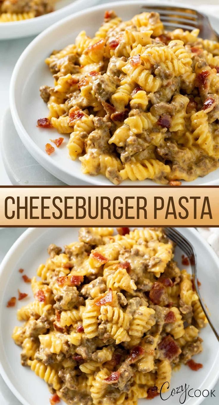 two plates filled with cheeseburger pasta on top of a white plate and the same plate