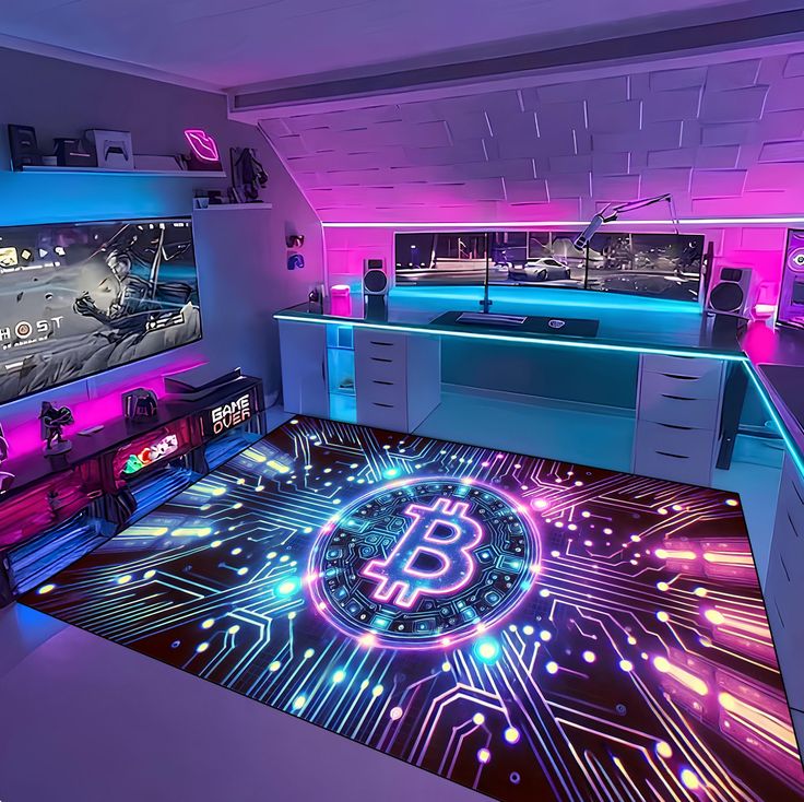 a room with neon lights and a bitcoin carpet