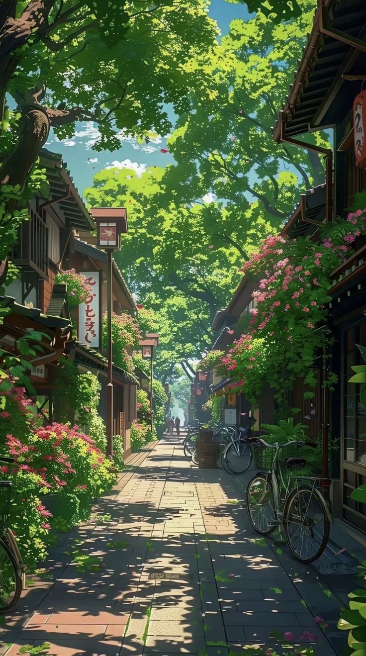 an anime street scene with bicycles parked on the sidewalk and trees lining both sides of the road