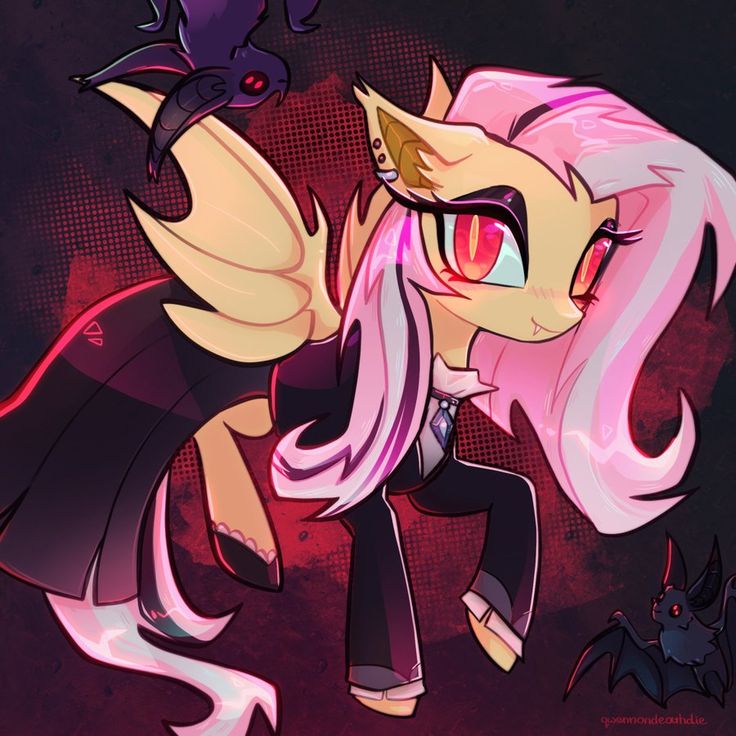 a drawing of a girl with pink hair and an evil cat on her shoulder, next to a bat