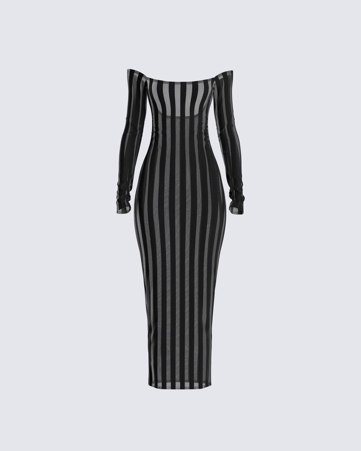 This dress is the epitome of sass, and style 🖤 With its velvety and sheer stripes, off-shoulder allure, sexy back slit, long sleeves, and a fit that hugs your curves... it is the perfect recipe for a timeless, and flattering fit 💋 Knit Dresses Summer, Long Black Dress Classy, Pisces Dress To Impress, Styling Long Dresses Casual, Dresses Going Out, Edgy Formal Dresses, Black Dress Stockings Outfit, Latina Goth Fashion, Night Out Looks Clubwear