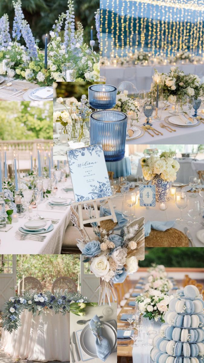 a collage of photos with blue and white flowers, candles, and desserts