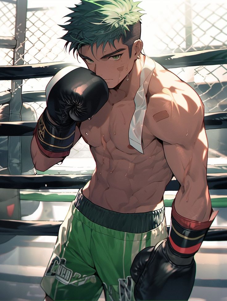 a man with green hair wearing boxing gloves