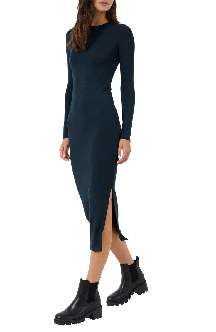 Daring side slits update the staple silhouette of this midi sweater dress sure to get compliments. 47" length Crew neck Long sleeves Slips on over head 53% viscose, 42% polyester, 5% elastane Machine wash, line dry Made in Turkey Model Stats: 5'10" height; 34" bust; 27" waist; 35" hips. Midi Sweater Dress, Thrift Inspo, Ribbed Midi Dress, Dress Sweater, D Love, Sweater Dress Midi, Deep Teal, Knit Fashion, French Connection