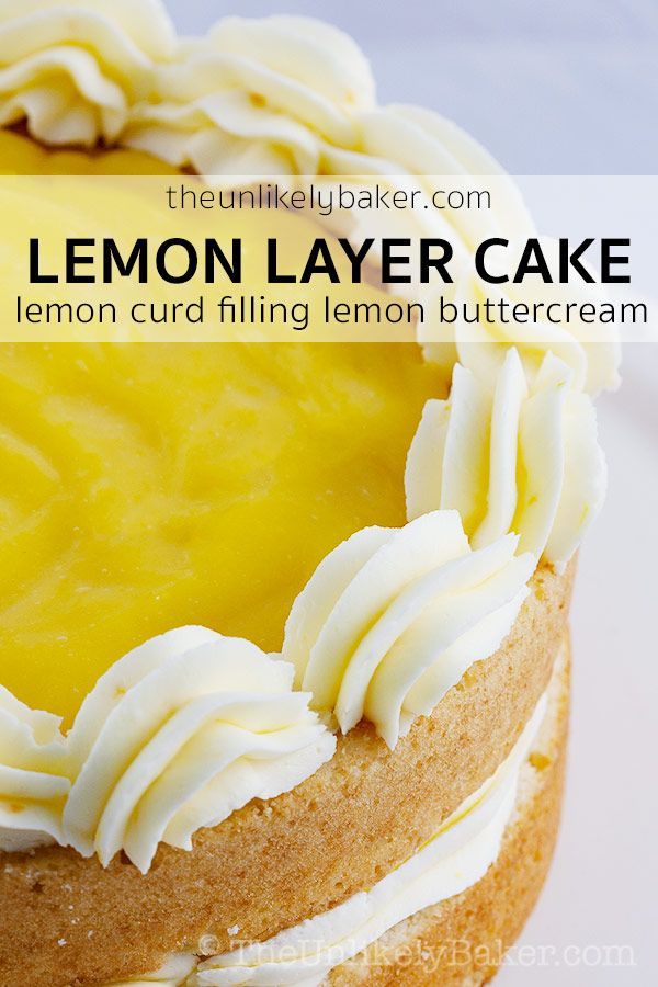 a lemon layer cake with white icing on a white plate and text overlay