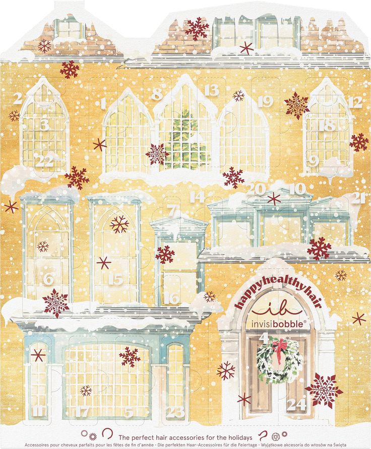 an illustration of a yellow building with snowflakes on the windows and doors, decorated for christmas