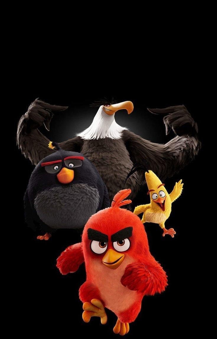 the angry birds movie poster is shown in three different poses, including one red bird and two