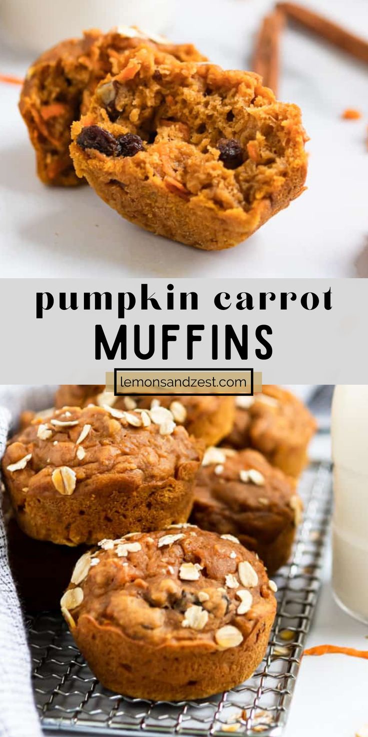 pumpkin carrot muffins on a cooling rack next to a glass of milk