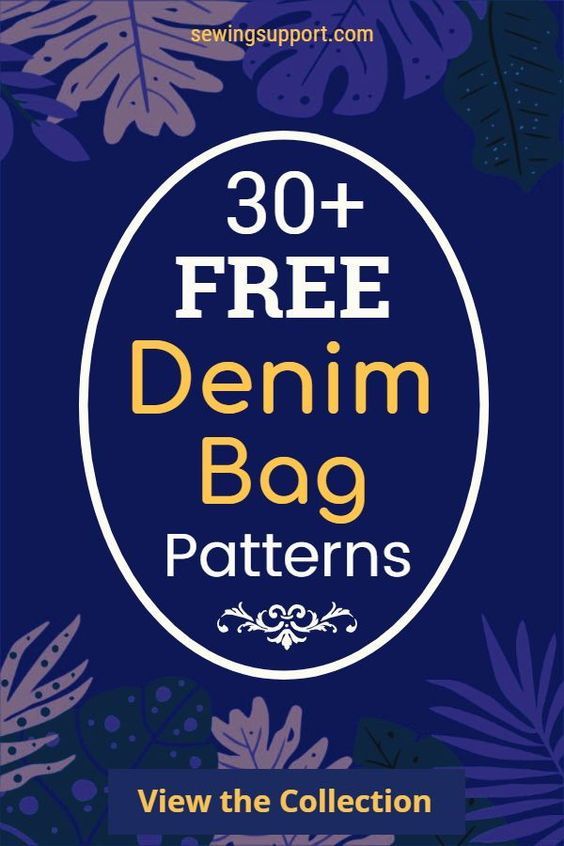 the free denim bag pattern is shown in blue and purple with an image of leaves on it