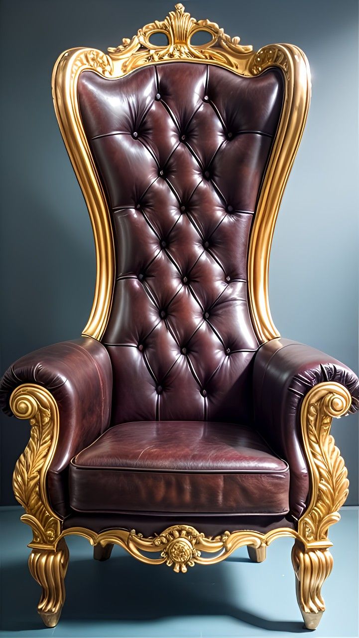 an ornate gold and brown leather chair against a blue wall with light coming through the window