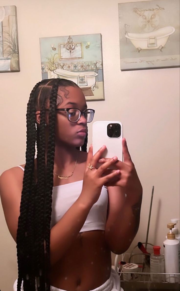 Jayda Wayda Jumbo Braids, Ponytails Braids For Black Hair, Big Part Knotless Braids, Simple Box Braids For Black Women, Huge Knotless Braids, 8 Box Braids Hairstyles, Cute Braided Hairstyles Simple, Two Big Braids Hairstyle, Hairstyles With 2 Packs Of Braiding Hair