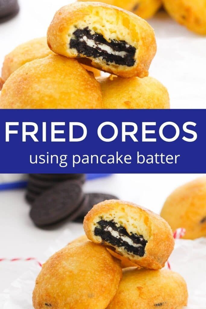 fried oreos are stacked on top of each other with the text overlay reading fried oreos using pancake batter