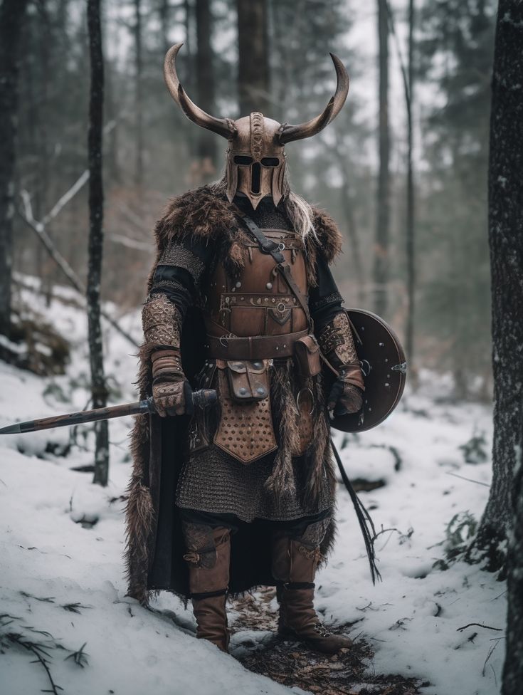 a man dressed as a viking standing in the snow