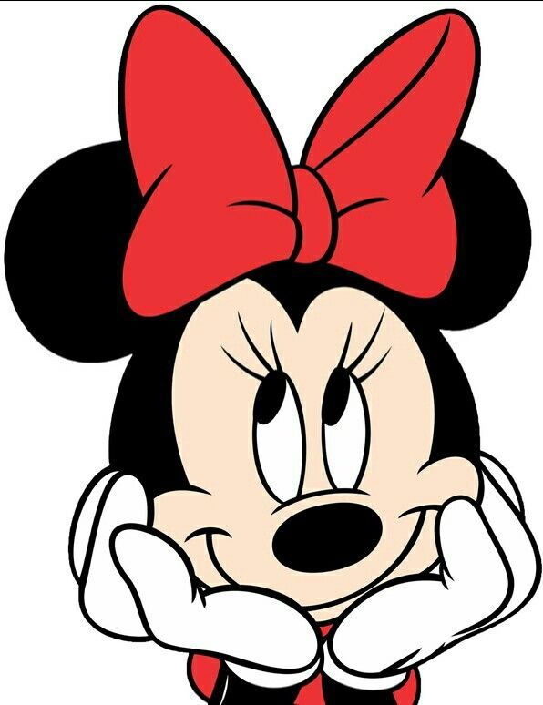 a cartoon minnie mouse with a red bow on her head and hands behind her face