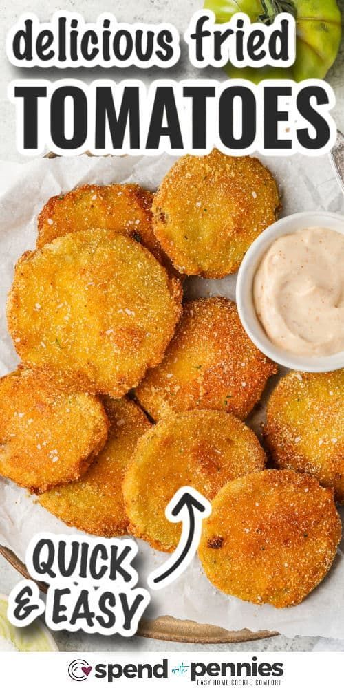 an advertisement for fried tomatoes with dipping sauce on the side and green apples in the background