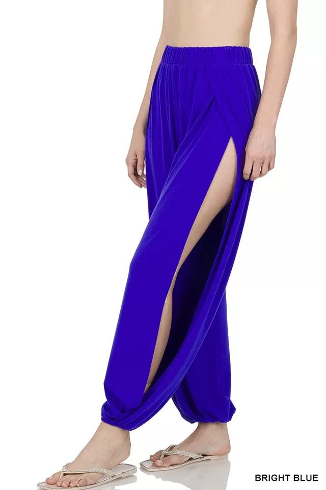 Zenana Split Side Harem Loose Fit Sexy Summer pants, S,M,L,XL,1X,2X,3X, 5 colors | eBay Stretch High Waist Harem Pants For Loungewear, Casual Split Bottoms For Party, Fitted Split Pants For Night Out, Trendy Stretch High Waist Harem Pants, Trendy High-waist Stretch Harem Pants, Trendy Fitted Bottoms With Split, Trendy Split Bottoms For Party, Trendy Party Bottoms With Split Design, Trendy Party Bottoms With Split