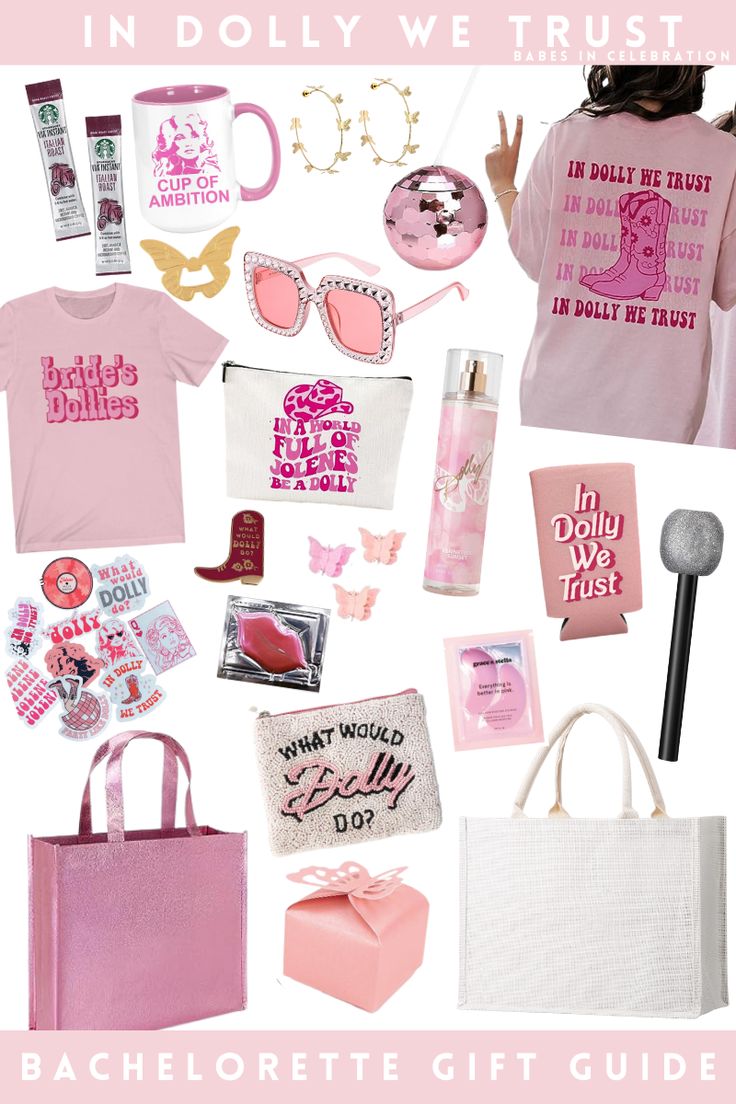 pink and white items with the words bachelorette gift guide written on them, including t - shirts