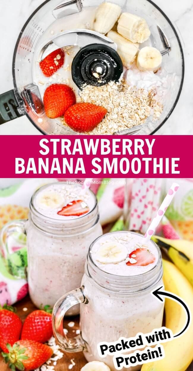 two jars filled with banana smoothie next to bananas and strawberries