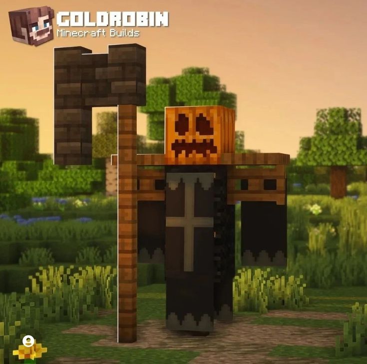 an image of a minecraft village with a pumpkin on the door and a cross at the entrance